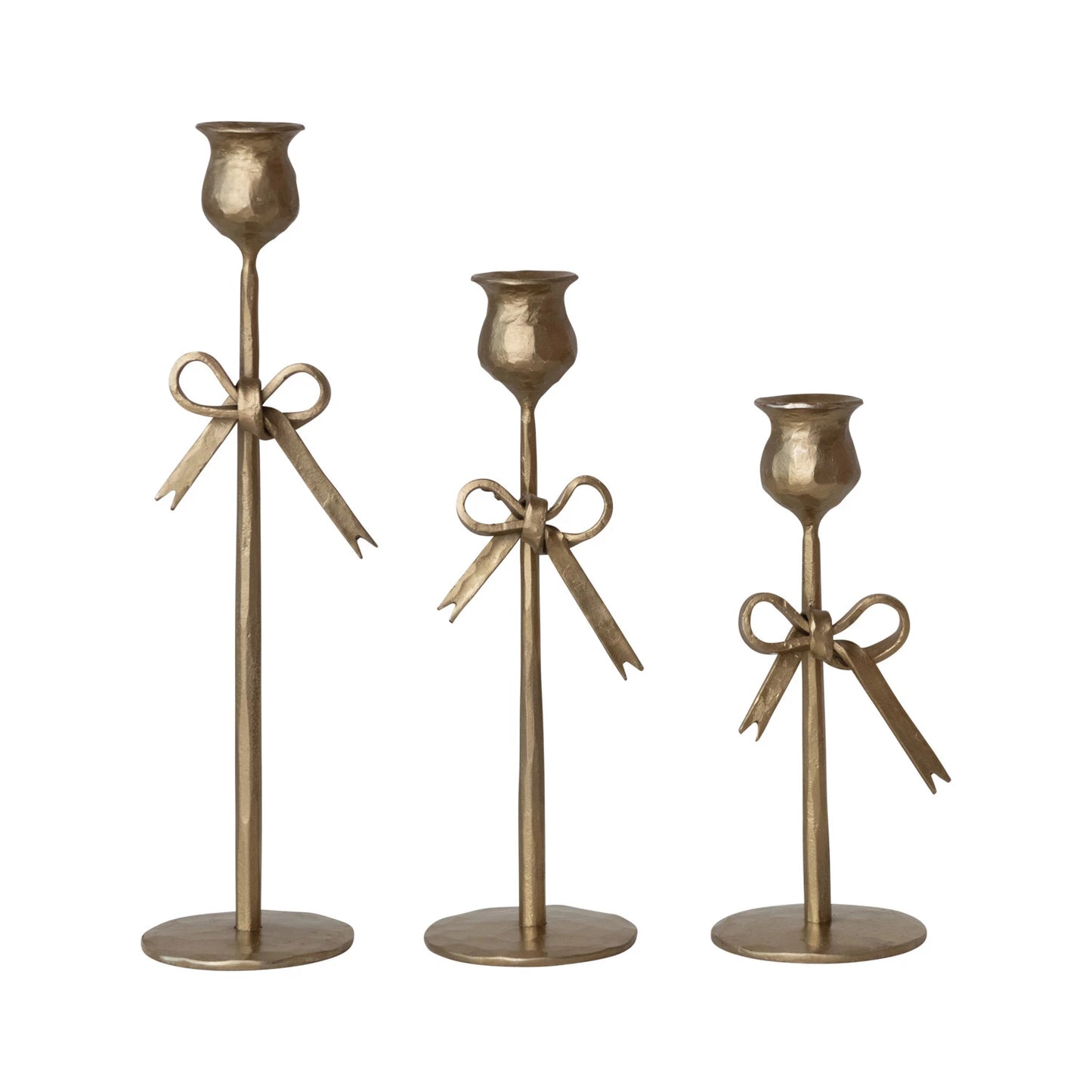 Hand-Forged Iron Taper Holders w/ Bow, Antique Gold Finish, Set of 3