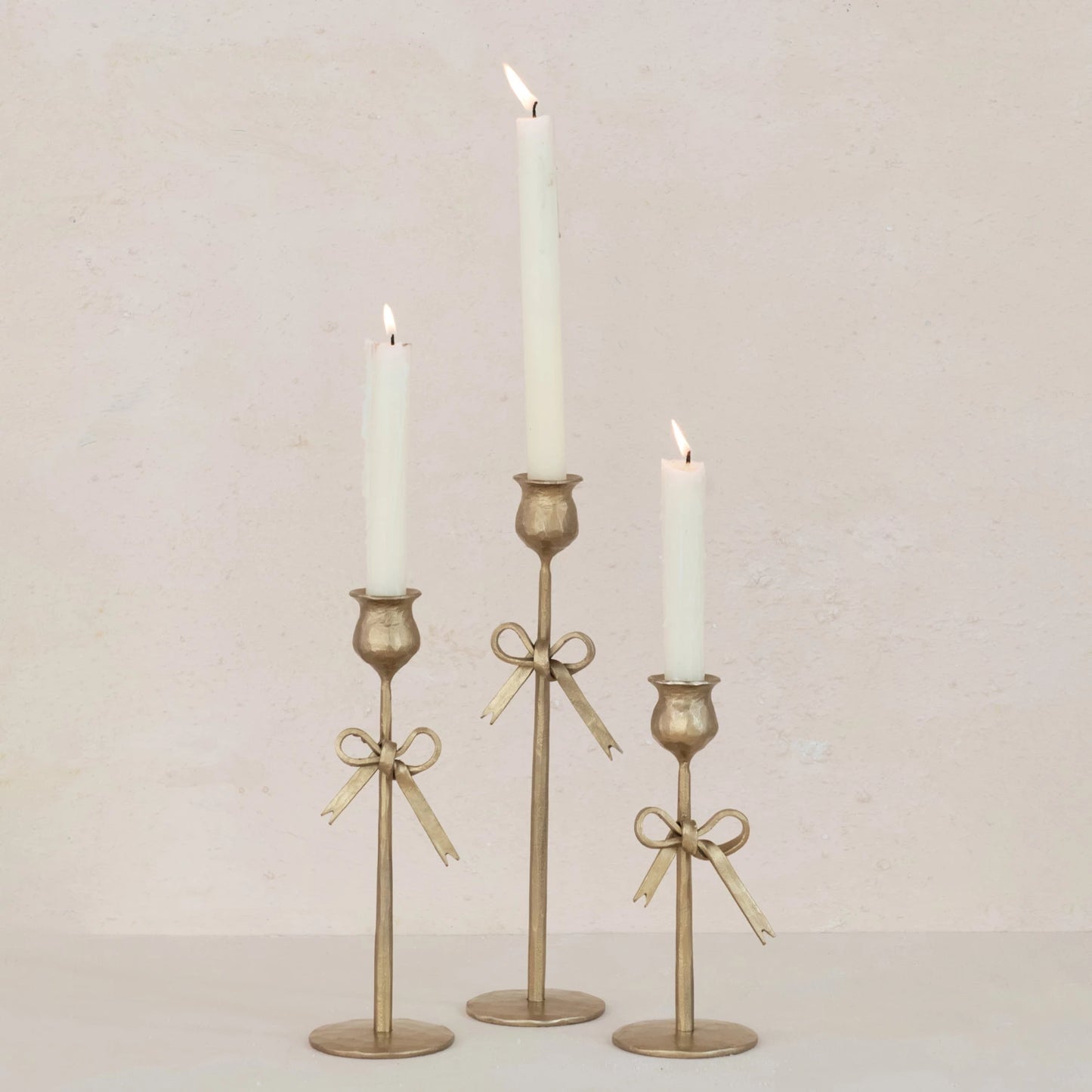 Hand-Forged Iron Taper Holders w/ Bow, Antique Gold Finish, Set of 3