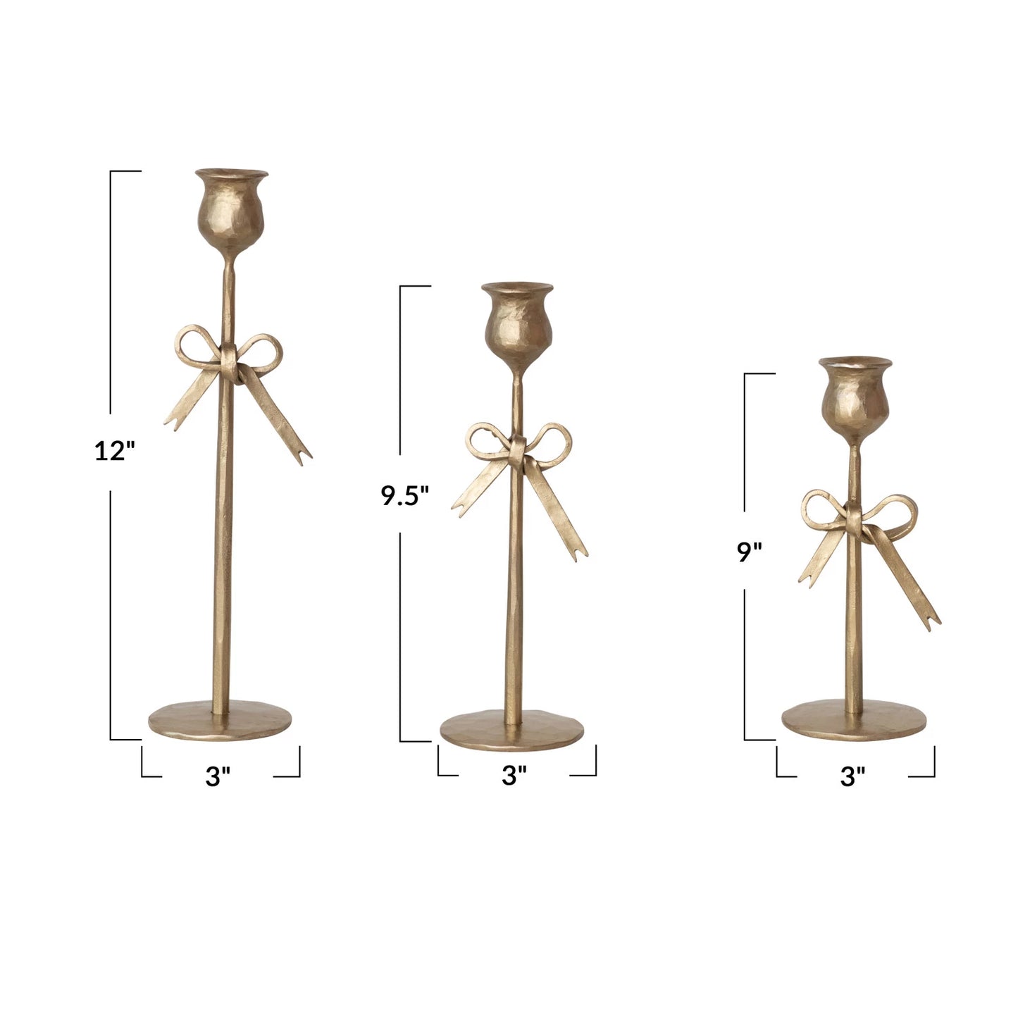 Hand-Forged Iron Taper Holders w/ Bow, Antique Gold Finish, Set of 3