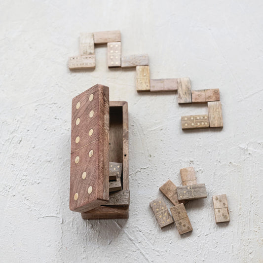 Handmade Mango Wood & Inlaid Brass Dominoes in Mango Wood Box