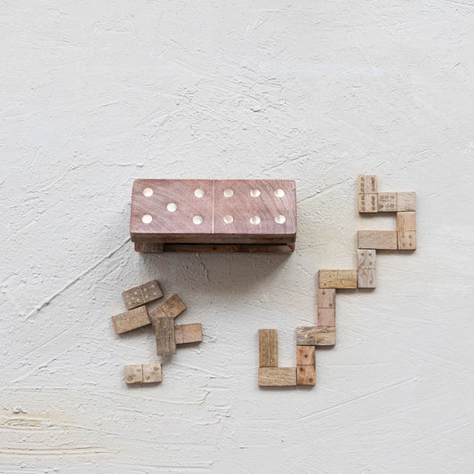 Handmade Mango Wood & Inlaid Brass Dominoes in Mango Wood Box