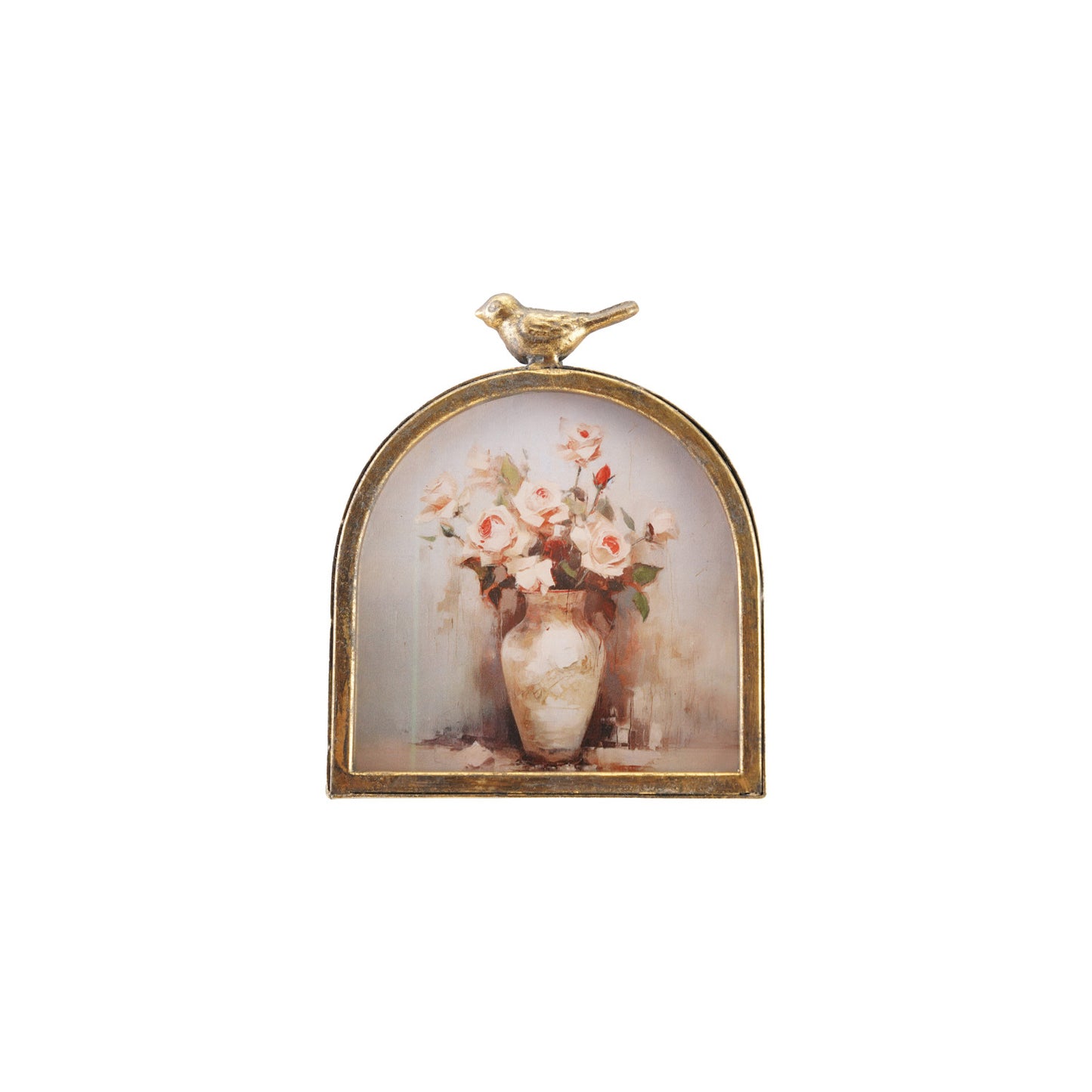 Metal Arched Floral Photo Frame with Bird Finial | Antique Gold Finish