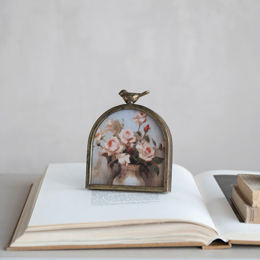 Metal Arched Floral Photo Frame with Bird Finial | Antique Gold Finish