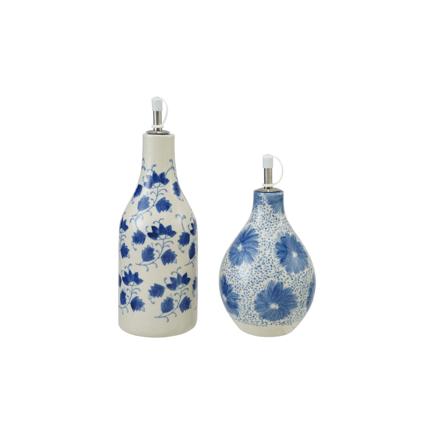 Stoneware Oil Cruet with Blue Floral Pattern
