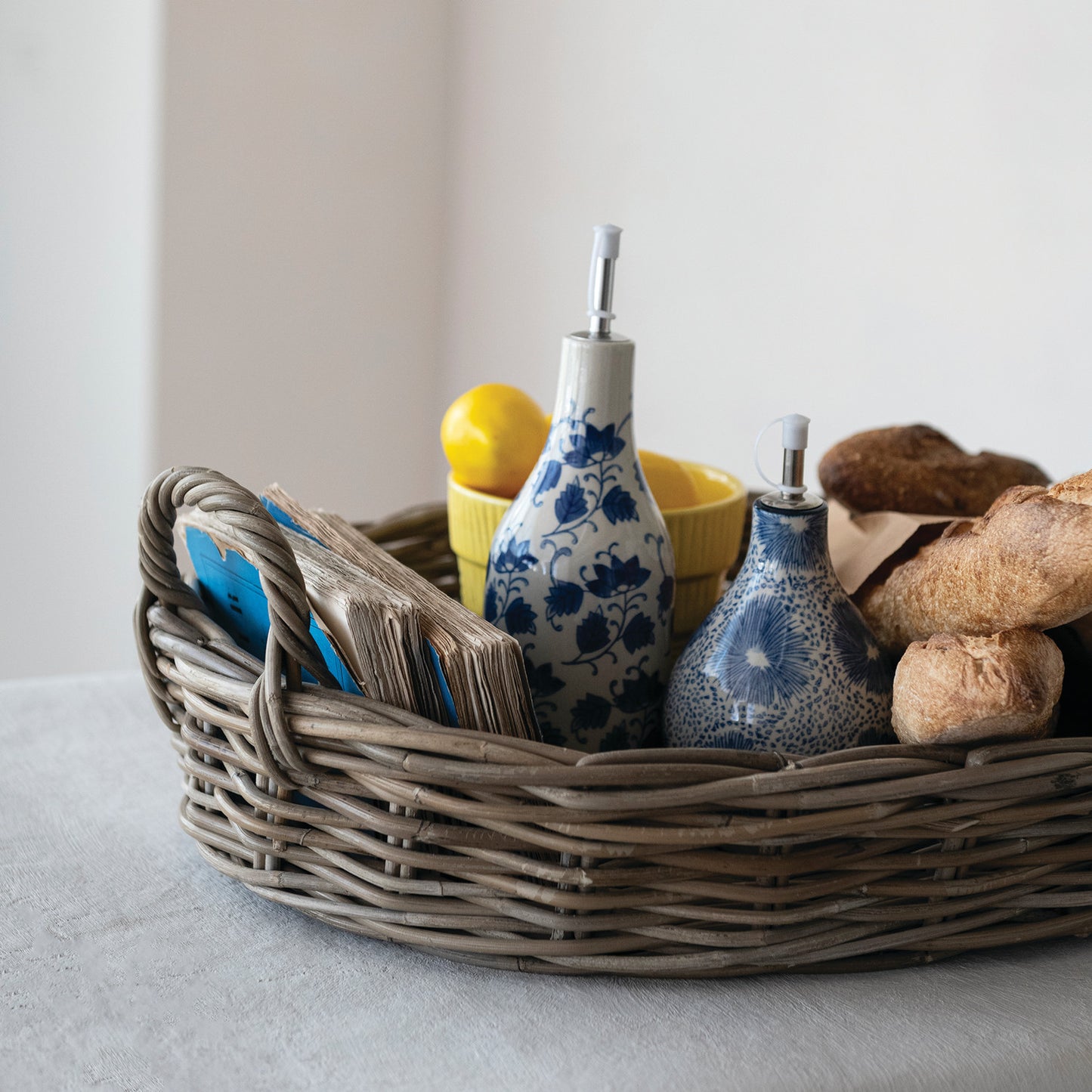 Stoneware Oil Cruet with Blue Floral Pattern