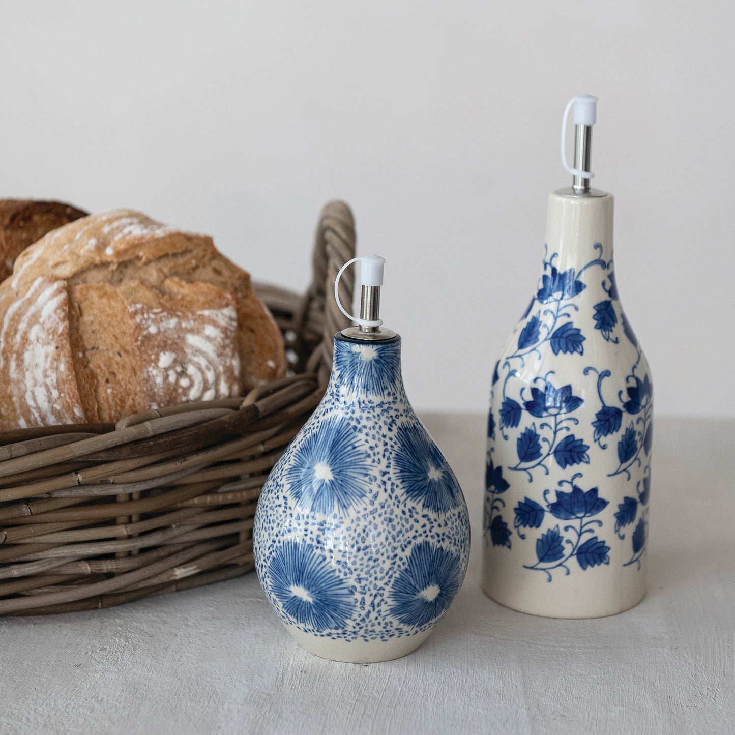 Stoneware Oil Cruet with Blue Floral Pattern