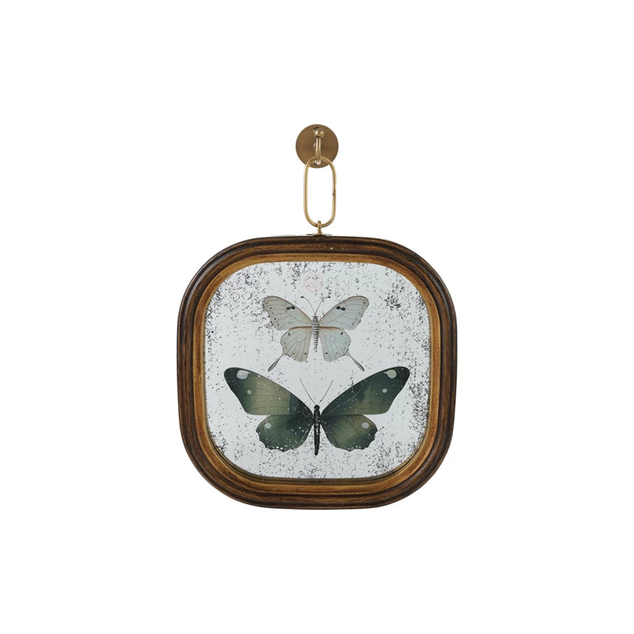 Antique Mirror with Butterfly Art and Metal Hook