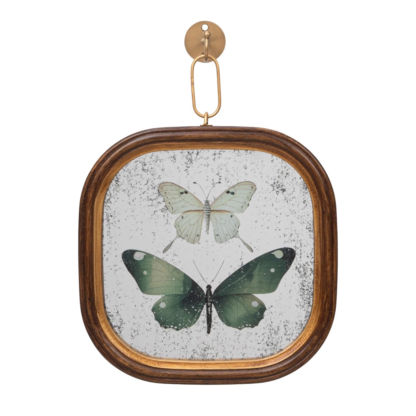 Antique Mirror with Butterfly Art and Metal Hook
