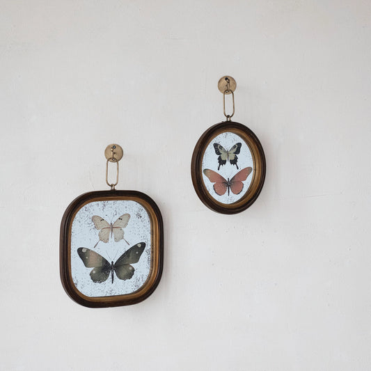 Antique Mirror with Butterfly Art and Metal Hook