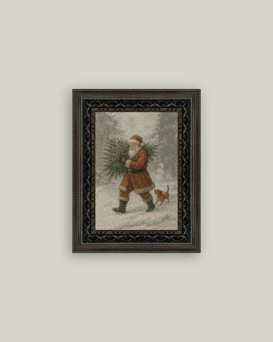 Vintage Santa with Tree Framed Antique Style Art