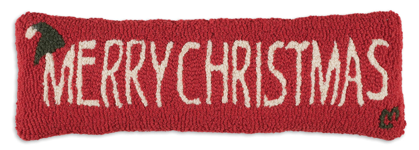 Red Merry Christmas Lumbar Hand Hooked Pillow