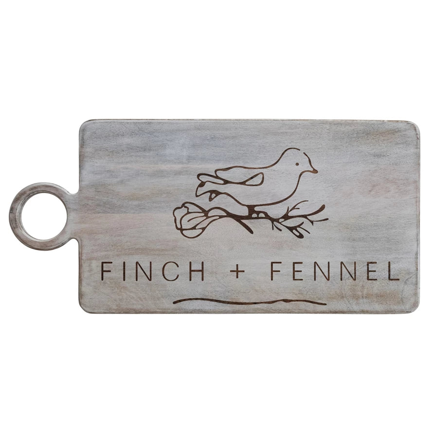 Mango Wood Sign Board w/ Laser Etched "Finch + Fennel" Logo & Handle, Whitewashed