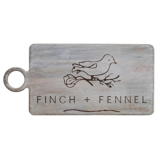 Mango Wood Sign Board w/ Laser Etched "Finch + Fennel" Logo & Handle, Whitewashed