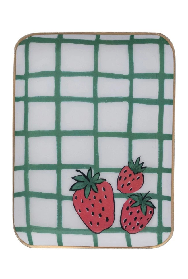 Enameled Metal Trays w/ Cherries & Strawberries, Gold Edges, Two Styles