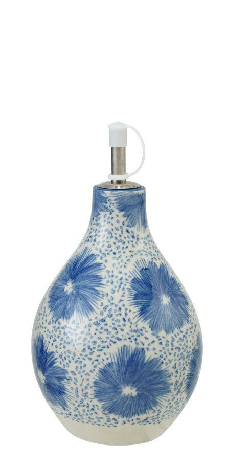 Stoneware Oil Cruet with Blue Floral Pattern