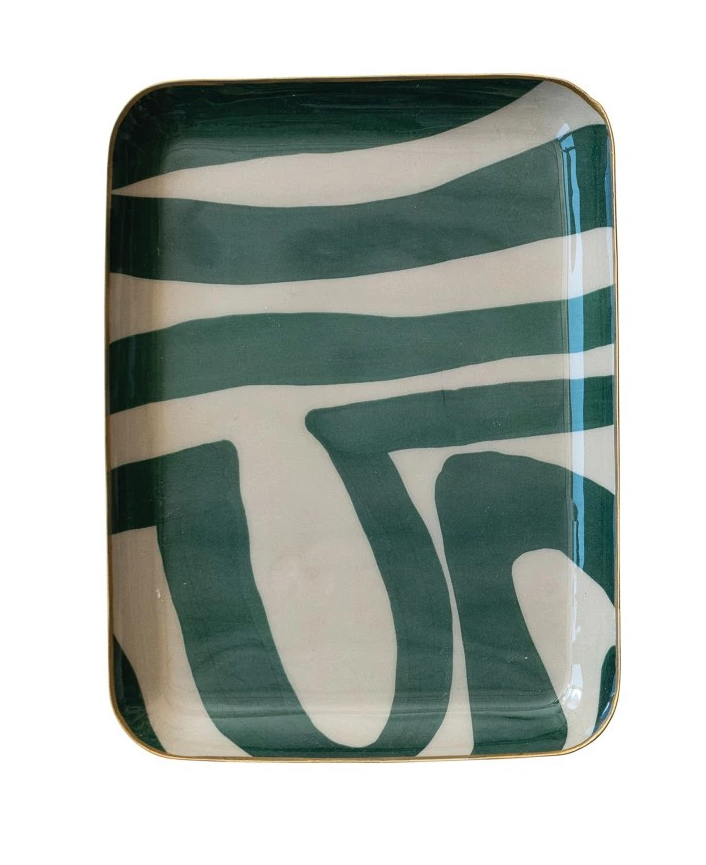 Enameled Metal Trays w/ Fruit/Abstract Image & Gold Rim, two sizes