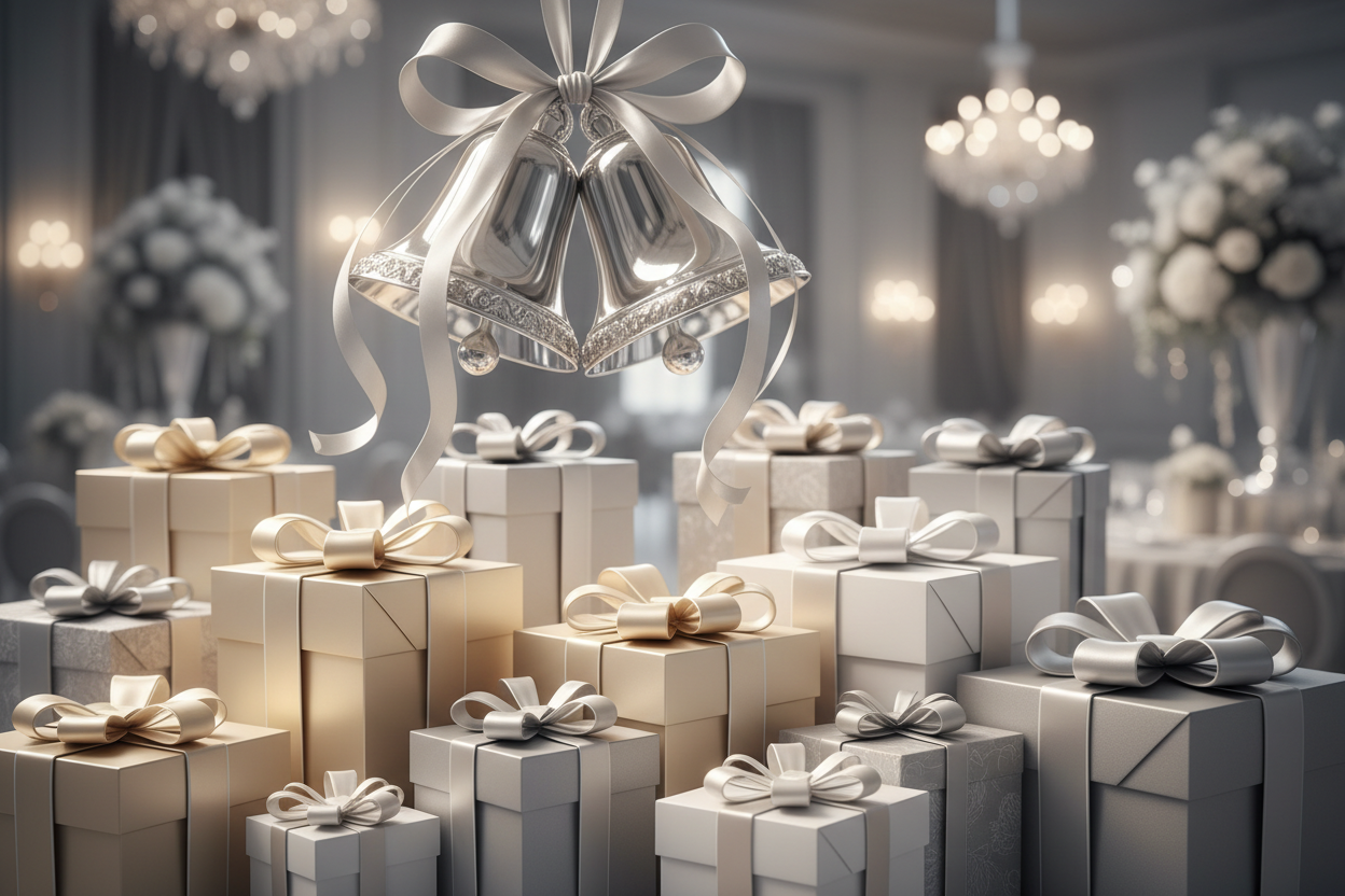 Image with wedding bells and gifts.  Color scheme should be silver, champagne, gray and white.  no words