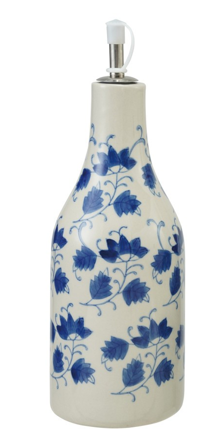 Stoneware Oil Cruet with Blue Floral Pattern