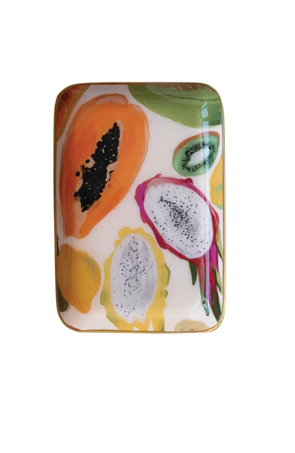 Enameled Metal Trays w/ Fruit/Abstract Image & Gold Rim, two sizes