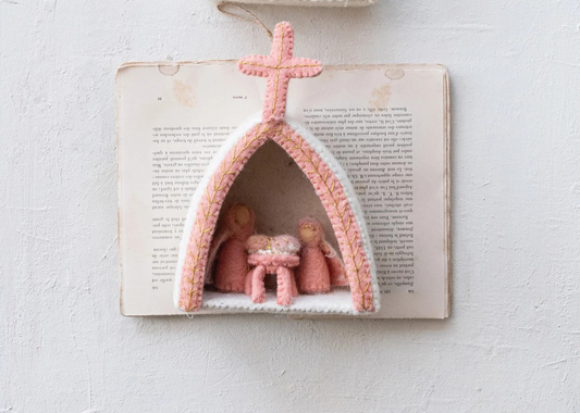 Handmade Wool Felt Holy Family Blush Ornament with Embroidery