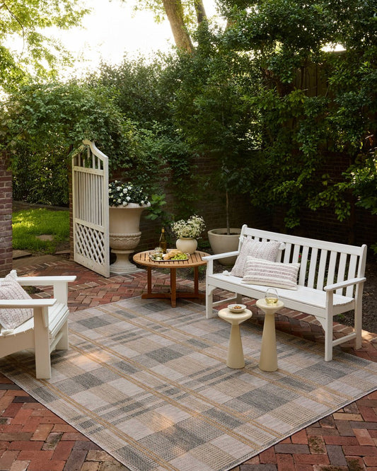 Birch Bone/Gold Plaid Outdoor Area Rug