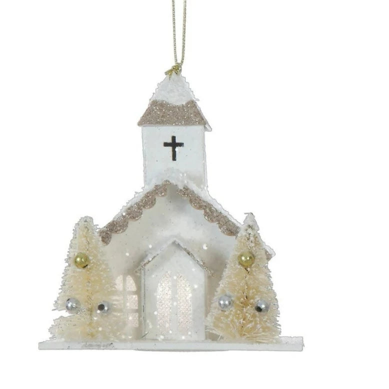 Paper Church Ornament w/ Trees and LED