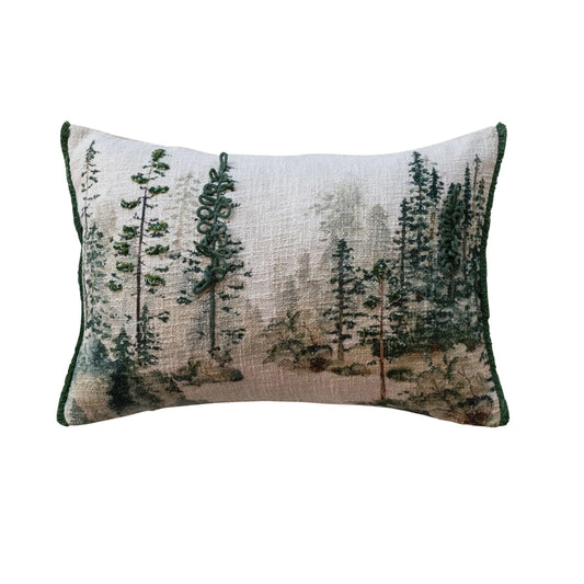 Cotton Printed Lumbar Pillow w/ Trees & Embroidery