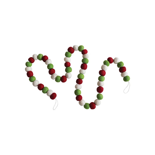 Handmade Wool Felt Ball Garland, Red, Green & Cream Color