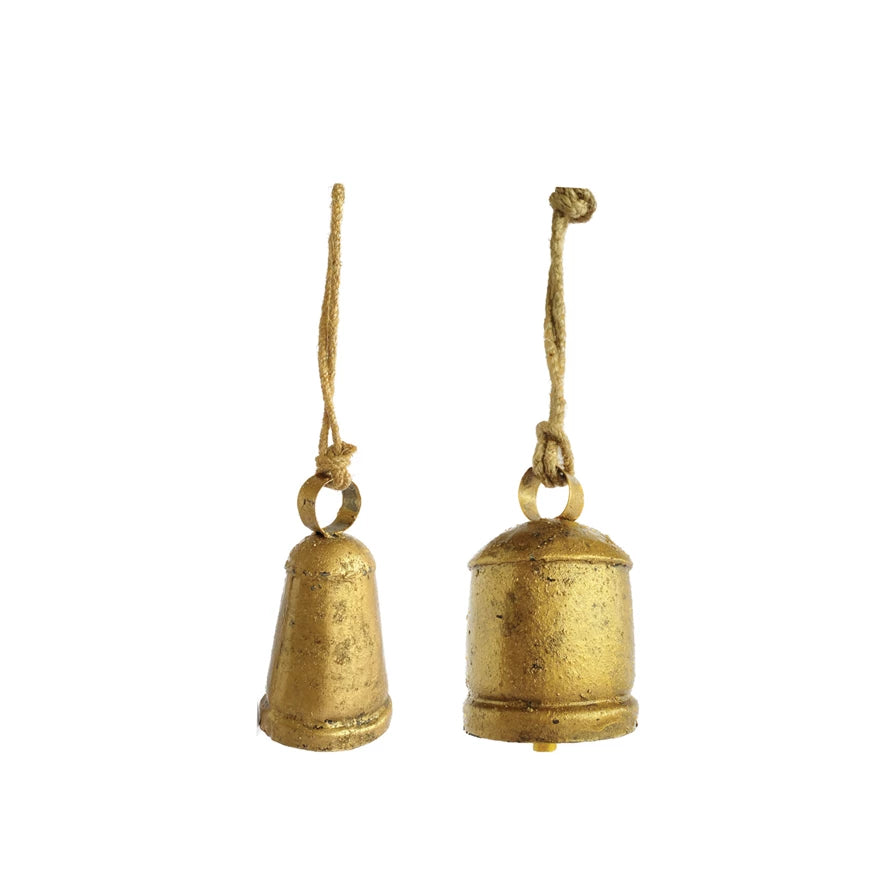 Metal Bell Ornament in Antiqued Brass Finish, 2 Styles