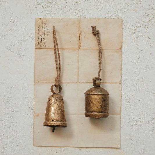 Metal Bell Ornament in Antiqued Brass Finish, 2 Styles