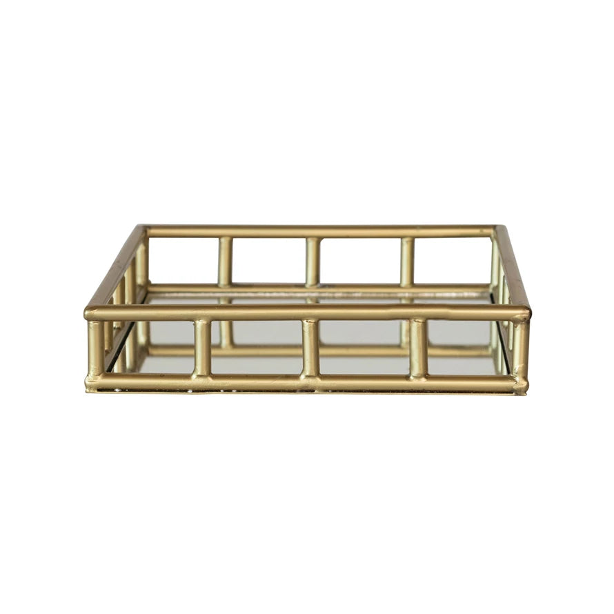 Decorative Metal Mirrored Tray w/ Latticed Edge