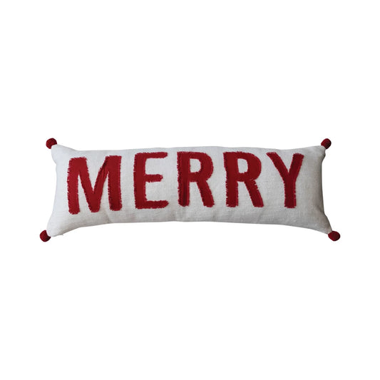 Lumbar Pillow w/ "Merry" & Pom Poms