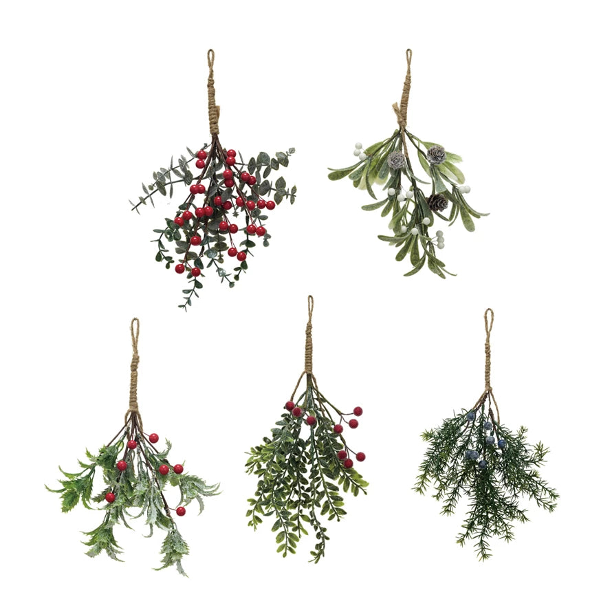 Assorted Hanging Faux Evergreen & Berry Bunch w/ Snow & Icy Finish