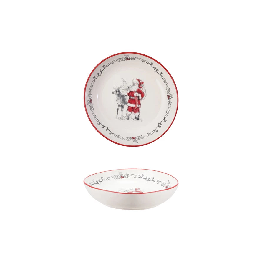 Stoneware Bowl w/ Santa, Reindeer & Colored Rim