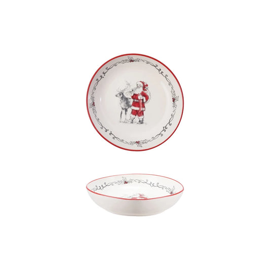 Stoneware Bowl w/ Santa, Reindeer & Colored Rim