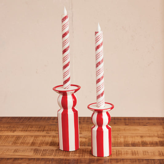 Hand-Painted Ceramic Striped Taper Holder, Red & White