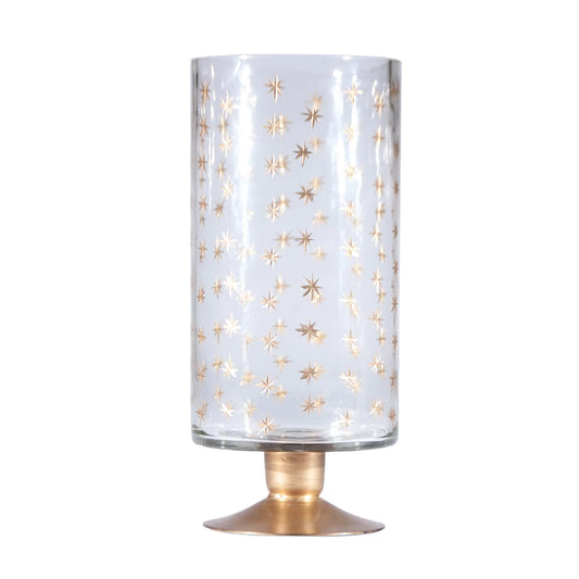 Hand-Painted Etched Glass Footed Hurricane w/ Starburst Pattern