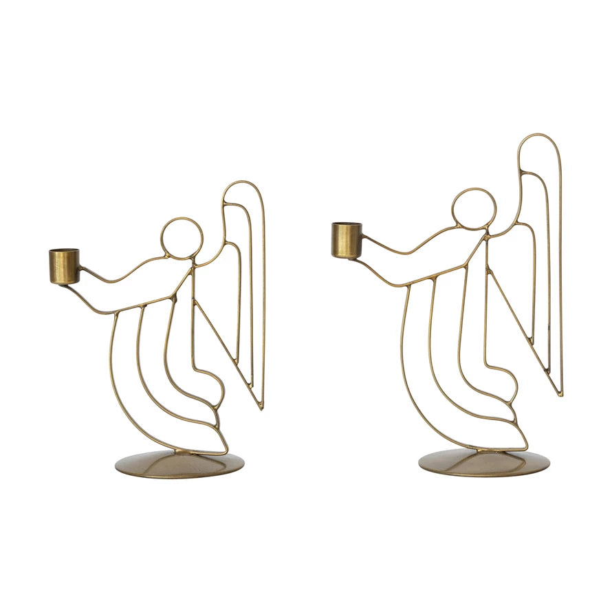 Angel Metal Taper Holders, Antique Brass Finish, Set of Two