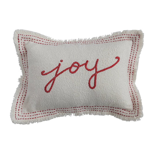 "Joy" Woven Textured Lumbar Pillow w/ Embroidery & Fringe