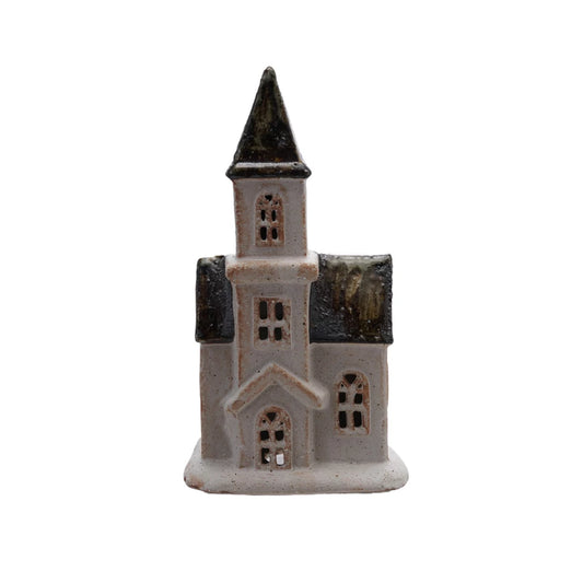 Stoneware House w/ Reactive Glaze, White & Brown