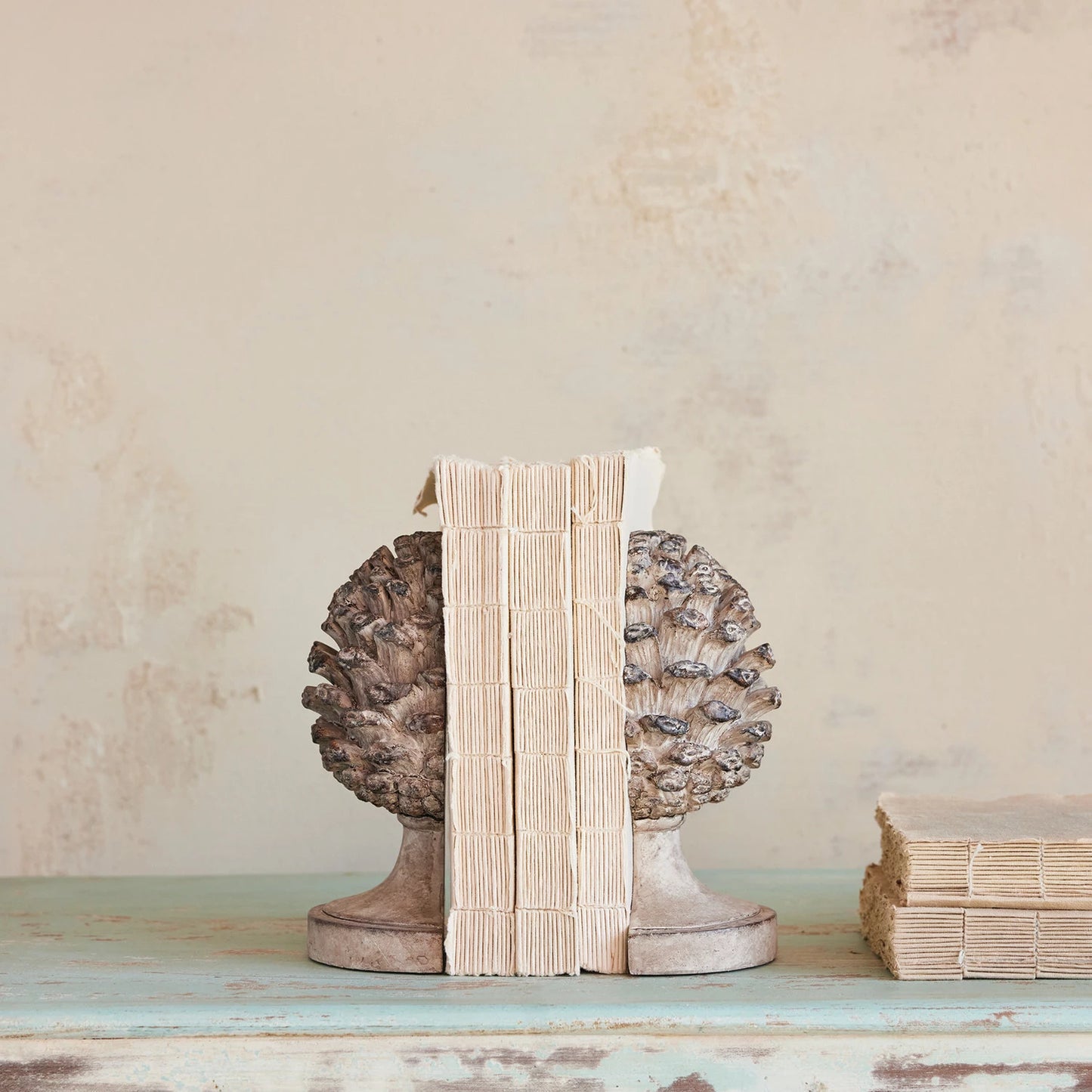 Resin Pinecone Shaped Finial Bookends w/ Distressed Finish