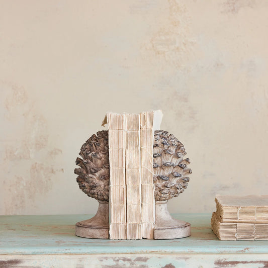 Resin Pinecone Shaped Finial Bookends w/ Distressed Finish