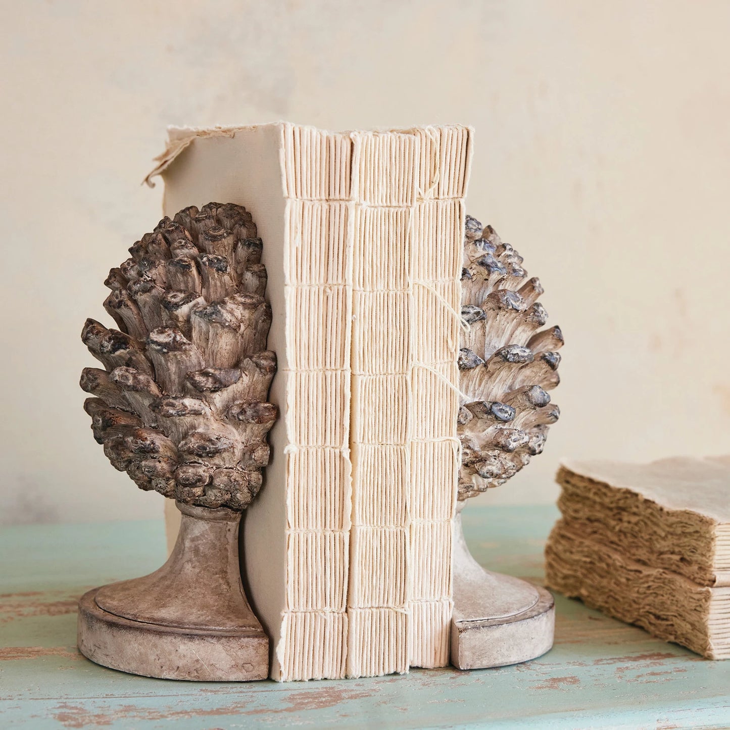 Resin Pinecone Shaped Finial Bookends w/ Distressed Finish