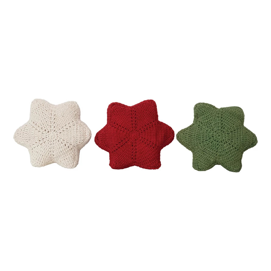 Cotton Crocheted Snowflake Shaped Pillow, Three Colors