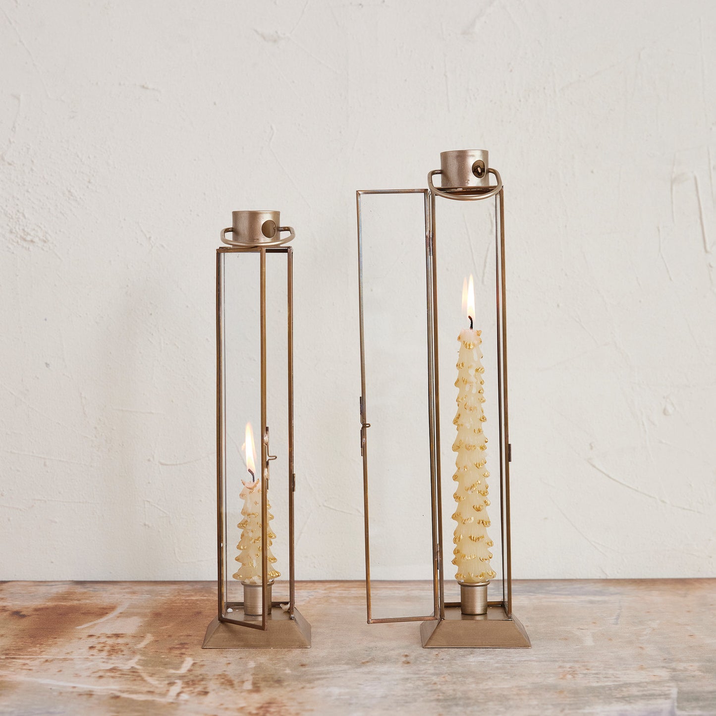 Antique Gold Metal & Glass Lantern Taper Holder