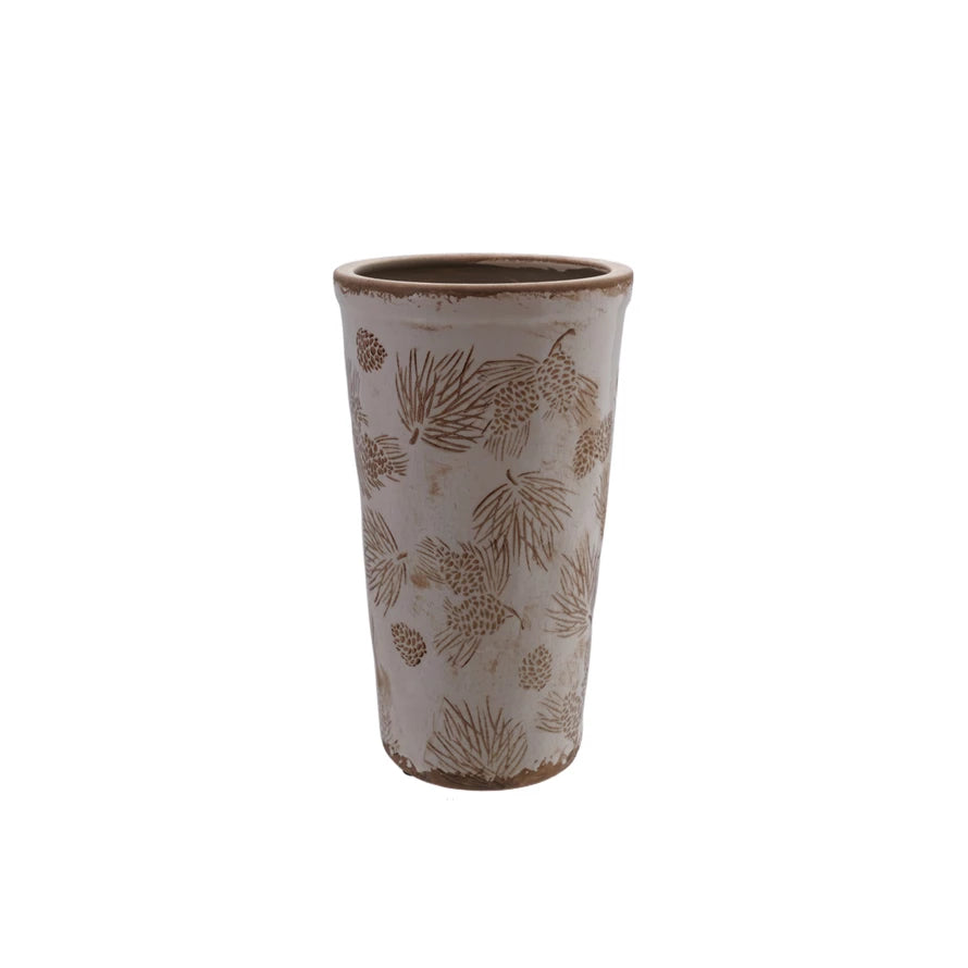 Stoneware Vase with Evergreen Boughs & Pinecones Pattern Brown & White