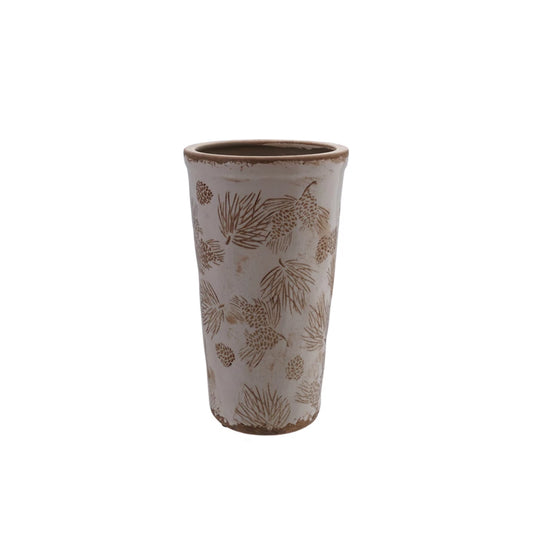 Stoneware Vase with Evergreen Boughs & Pinecones Pattern Brown & White