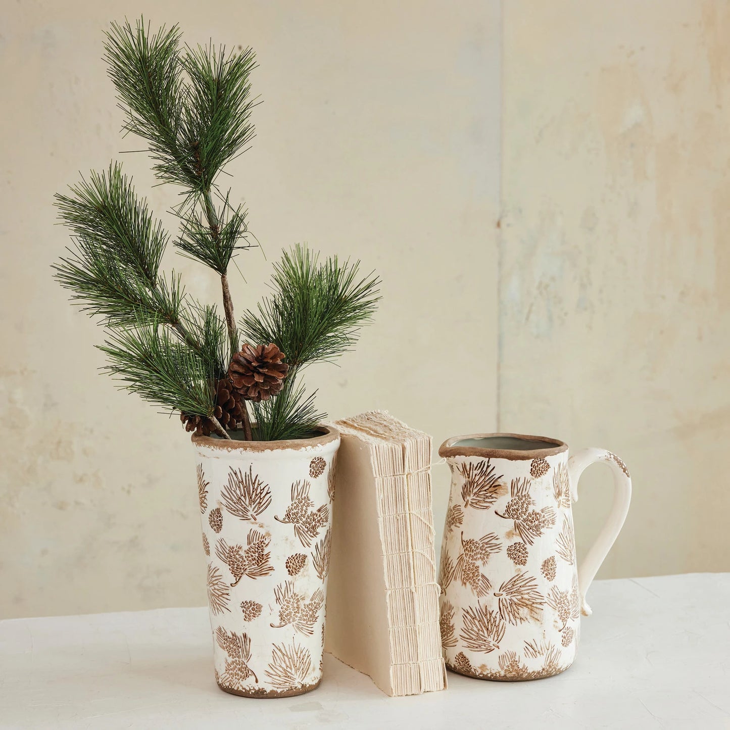 Stoneware Vase with Evergreen Boughs & Pinecones Pattern Brown & White