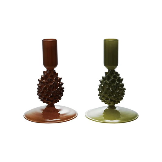 Glass Pinecone Taper Candle Holders, Two Colors
