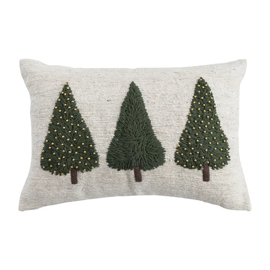 Hand-Woven & Wool Lumbar Pillow with Embroidered Trees & Bead